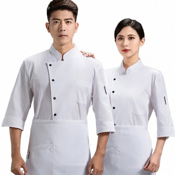 Qualité Nouveau Chef Uniforme Unisexe Hôtel Cuisine Veste Trois Quarts Manches Boulangerie Cuisinier Manteau De Cuisine Café Serveur Workwear 573e #