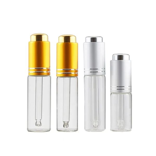 Botella de pipeta de prensa de calidad, tapa de plata dorada, vidrio transparente vacío, viales cuentagotas de aceite esencial, contenedor recargable cosmético 5ml 10ml 15ml 20ml