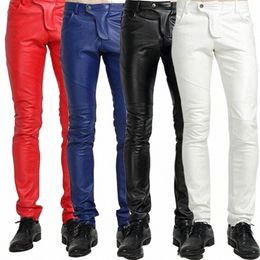 Qualité PU Winter Line Sexy Rouge Slim Tight Mâle Pantalon En Cuir Hommes Moto Noir Skinny Biker Pantalon En Cuir Jogger Bleu Blanc h71d #