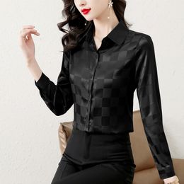 Calidad de satén a cuadros Satin Blusos negros de manga larga Diseñadora de mujeres Jacquard Camisa elegante 2023 Outumn Winter Office Lady Pista de la ruta de la solapa