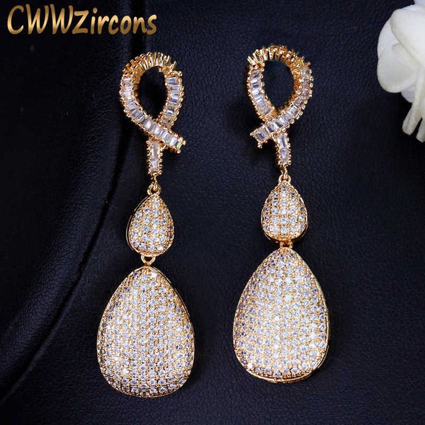 Qualité mariage soirée Dubai or bijoux Micro pavé cubique zircone pierres longue goutte boucles d'oreilles dorées pour les femmes CZ120 210714