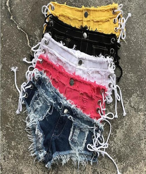 Femmes de qualité jeans Shorts Tassel Ripped Side Lace Up Cut Ultra Ultra Low Raise Jeans Shorts Denim Pantalons Sexy Beach Shorts KC0063033326