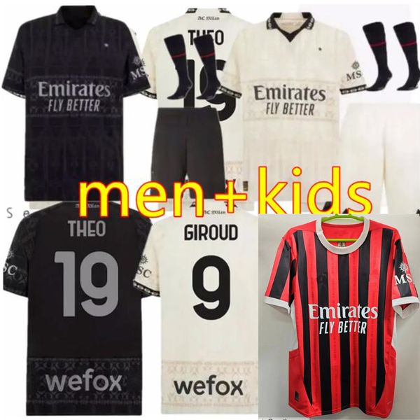 hommes + enfants quarta maglia milan rafa lea lea pulisic soccer jerseys 2024 Musah tomori diaz giroud rebic calabria bennacer homme fens jovic milan 4 maglia