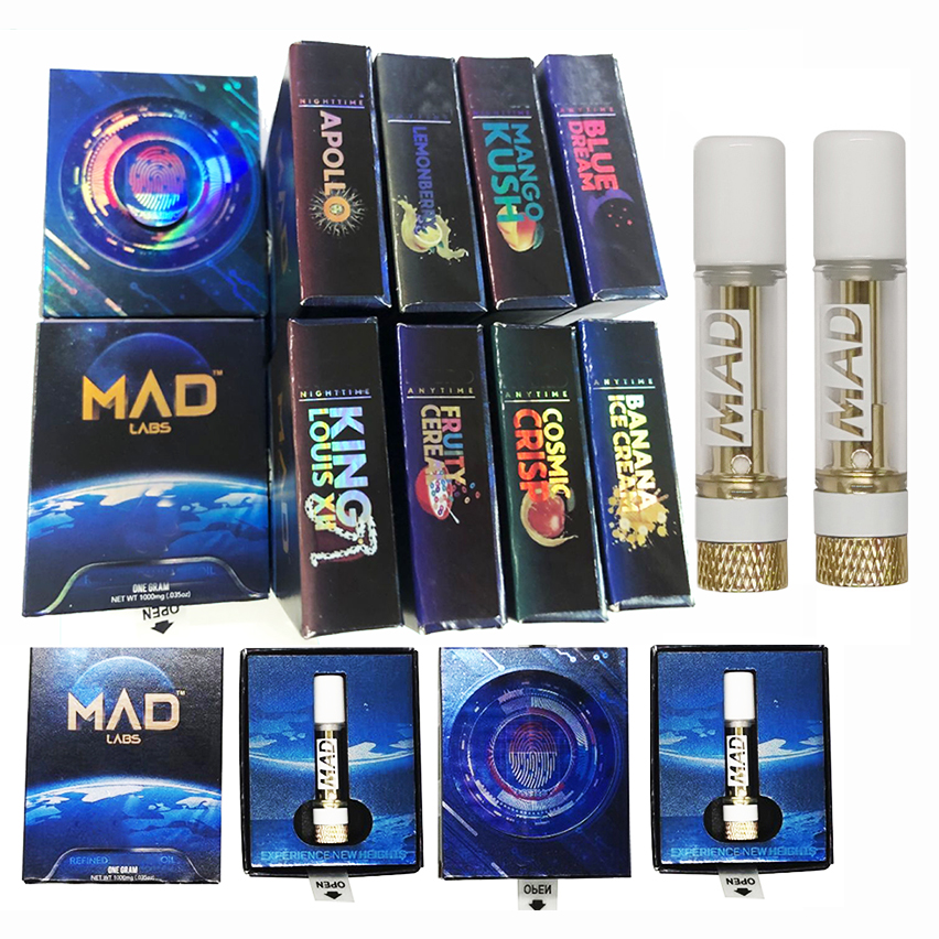 MAD Vape Cartridges 0.8ml Atomizers Carts Packaging Boxes 510 Thread Vaporizer Pen white Colors Round Screw in Tips Thick Oil Empty Vape Pen mad labs E Cigarettes