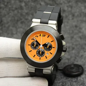 Cuarzo Cronógrafo Cristal de zafiro Esfera naranja 44M Reloj para hombre Logo revestido de goma Letra Bisel Luminoso Esfera limitada Caucho