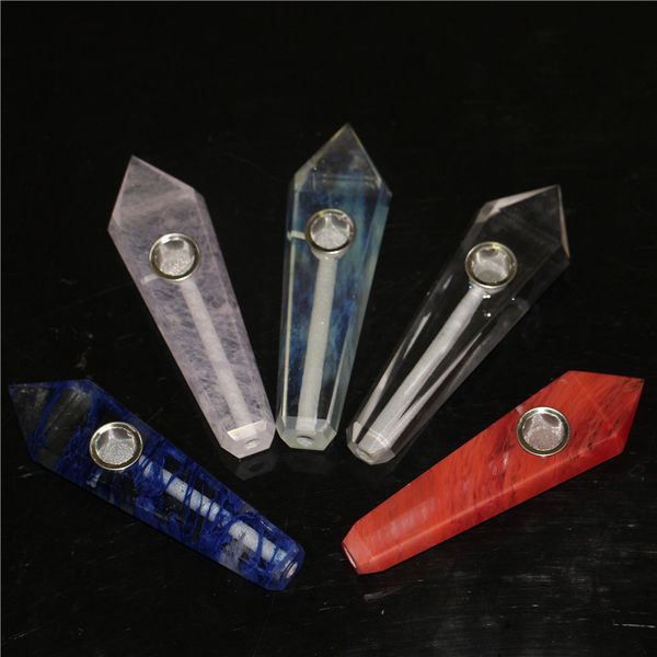 Cristal de quartz Pipes à base de plantes Filtre en métal Écran Baguette Point Tabac Cigarette Fumer Pipe Pipes à main en pierre naturelle Accessoires de fumée