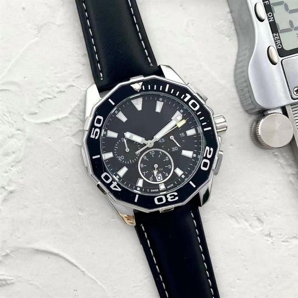 Movimiento de cuarzo Reloj para hombre Todo Dial Trabajo Cronógrafo Cronómetro Correa de cuero Luminoso Diseño impermeable Reloj de pulsera analógico Coche Raci211W