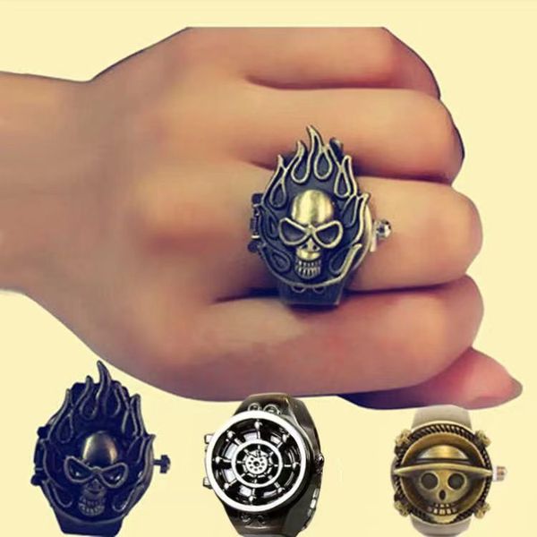 Anillo de cuarzo reloj dama hombre retro puntero redondo cráneo tapa abierta número arábigo dial anillo elástico reloj reloj punk rock reloj hiphop anillo