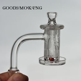 Juego de cacharros giratorios de cuarzo Humo con borde biselado y patrón de tallado profundo en el tazón + 1 perla de terpelo de vidrio + tapa de carburador + cono para pipas de agua de pipas de agua Dab Rig Random Picutre