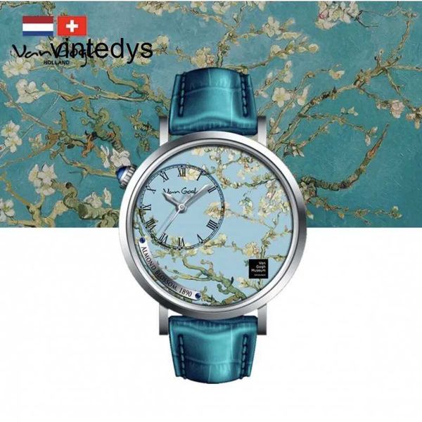 Reloj de cuarzo Reloj de cuarzo suizo de alta precisión Mujer Minoría Flor de albaricoque Pintura al óleo Arte Luz de lujo