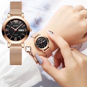 Quartz horloge Vrouwen horloges van hoge kwaliteit Watch Glow-in-the-dark waterdichte dual kalender schoolmeisje stalen band horloge