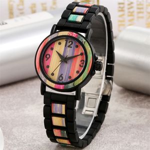 Quartz vrouwen horloges creatieve roestvrij staal hout dame armband horloge Arabische cijfers zwart analoge wijzerplaat trendy vrouwelijk uurwerk