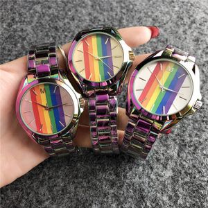 Relojes de marca para mujer y niña, reloj de pulsera de cuarzo con banda de acero Matel, colorido estilo arcoíris M99