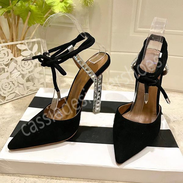 QUAZZURA Chaussures à Talons d'été Bout Pointu Talons Transparents Sangle arrière Mode Dames Sandales Sexy en Daim Designer Mules de fête de Mariage Marque Femme Pompes Mules Pantoufles