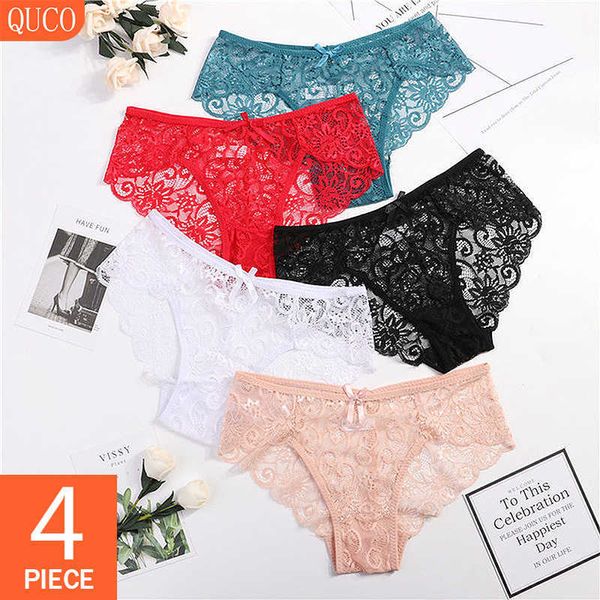 QUCO Marque 4 Pcs/Lot Sexy Sous-Vêtements Évider À Lacets Strings Femmes Culotte Élastique Dentelle Lingerie Transparent Mémoires Cordes 210720