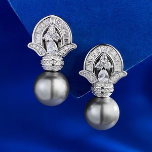 Queen Crown Pearl Diamond Dange Earring 100% Real 925 Sterling Silver Wedding Drop oorbellen voor vrouwen Bridal Engagement Sieraden IRPXV