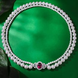 Collar de diamantes de rubí y perlas de corona de Reina, collar gargantilla de compromiso de Plata de Ley 925 100% auténtica para mujer, joyería