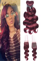 Koningin van de bundels Precleared Braziliaanse maagdelijke haarlichaamsgolf met sluiting 99J Red Bourgondië 4 Bundels Human Hair Weave with Closur7214098
