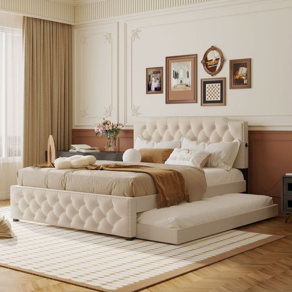 Lit rembourré à design minimaliste moderne queen, lit double avec cadre de lit rétractable et interface USB, adultes et adolescents