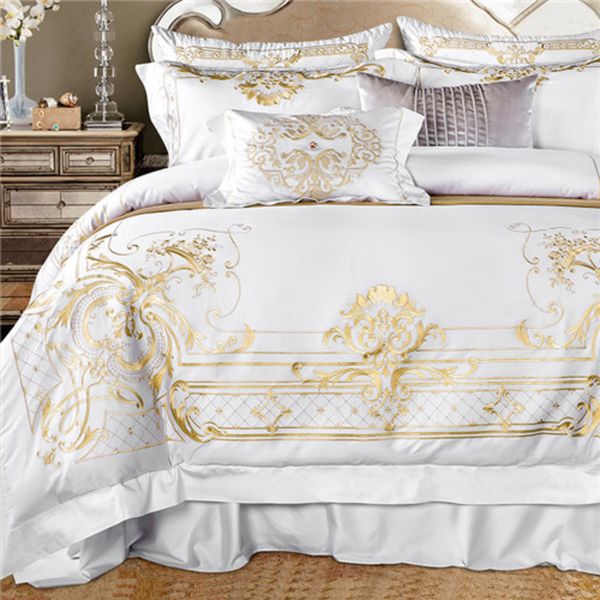 Reine Super King Size Literie Blanc Coton Égyptien Or Broderie Housse De Couette Drap De Lit Drap Housse Parrure De Lit Ropa C0223