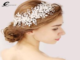 QueEnco Silver Floral Bridal Headpiece Tiara Wedding Haar Accessoires Haar Vine Handmade Hoofdband sieraden voor BRIDE2930064