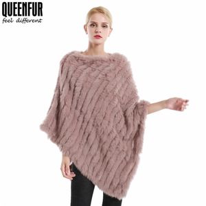 Queennfur Winter Real Fur Poncho pour les femmes en tricot naturel Rabbit fourrure O-cou châles mode chaud Cape308V