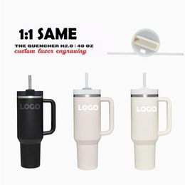 Quencher H2 0 40oz Gobelets en acier inoxydable avec poignée en silicone Couvercle et paille Tasses de voiture de 2e génération Continuez à boire froid Wat302v