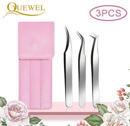 Quewel 3 stks gebogen rechte pincet volume wimperverlenging heldere pincet set roestvrij staal wimper make-up nagel plukken tool2519635