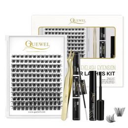 Quewel Lashes DIY Kit de pestañas Lash Clusters 144 piezas con pegamento adhesivo y sellador Removedor de pinzas doradas 240305