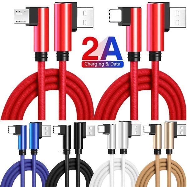 2A Cables de carga rápida de 90 grados 1 m 2 m 3 m Tipo c Cable de tela micro USB para Samsung Galaxy s6 s7 s8 s9 s10 xiaomi Android teléfono pc