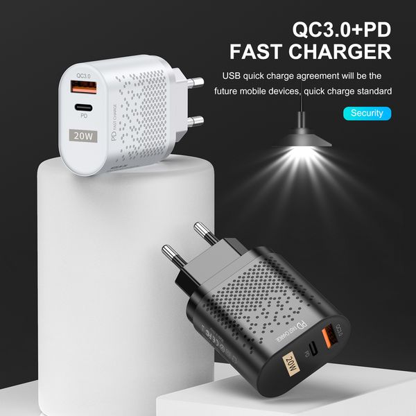 Chargeur rapide QC3.0 PD Chargeur 20W Type C USB Adaptateur de charge rapide Double Ports Téléphone Chargeurs muraux pour plusieurs modèles de téléphone