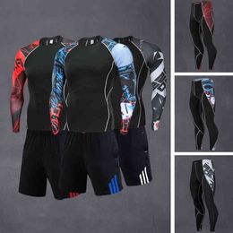 Séchage rapide 2 pièces/ensembles hommes costume rashguard mâle kit MMA vêtements de compression mâle à manches longues t-shirt + leggings survêtement hommes Y1221