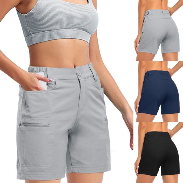 Pantalones cortos de senderismo de secado rápido, pantalones cortos ligeros y transpirables para correr para mujer, pantalones cortos para exteriores, bolsillos con cremallera, ropa de trabajo Cargo