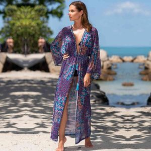 Sneldrogend Boheemse vrouwen Zomer Strandjurk Zwemkleding Cover Up Tuniek Sexy Robe Kaftan Bikini Cover-UPS Pareo Q1237 210420