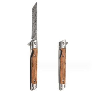 Cuchillo plegable de apertura rápida para acampar al aire libre, cuchillo de bolsillo de Damasco con mango de madera, Funda de cuero, cuchillos de caza de acero inoxidable