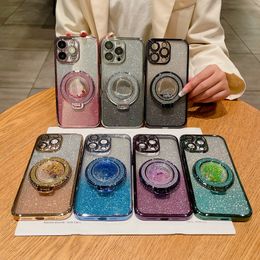 Quicksand Holder -hoesjes voor iPhone 15 Plus 14 Pro Max 13 12 Mini 11 x xs 8 7 Ploating Lens Protector Gradiënt Bling Glitter Sparkle Metal Finger Ring Stickstand Telefoonhoes