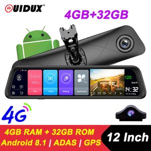 QUIDUX 12 pulgadas 4G Android espejo retrovisor coche DVR FHD 1080P GPS WIFI ADAS cámara de salpicadero grabadora de doble lente cámara automática registrador DVRs