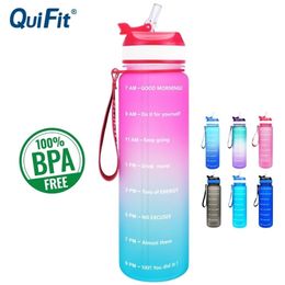 Botella de agua QuiFit 1L 34OZ Tritan con pajita o filtro BPA Free My Drink Bottles Portable Protein Shaker Sports GYM Jug 201106