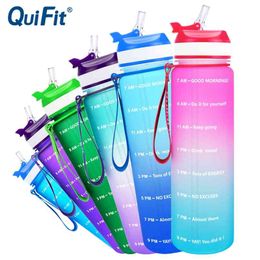 QUIFIT 1L 34OZ TRITAN WATERFLES MET STRAW BPA Gratis Drinkbekers Fietsflessen Draagbare Gym Outdoor Sports Fitness Kann 210914