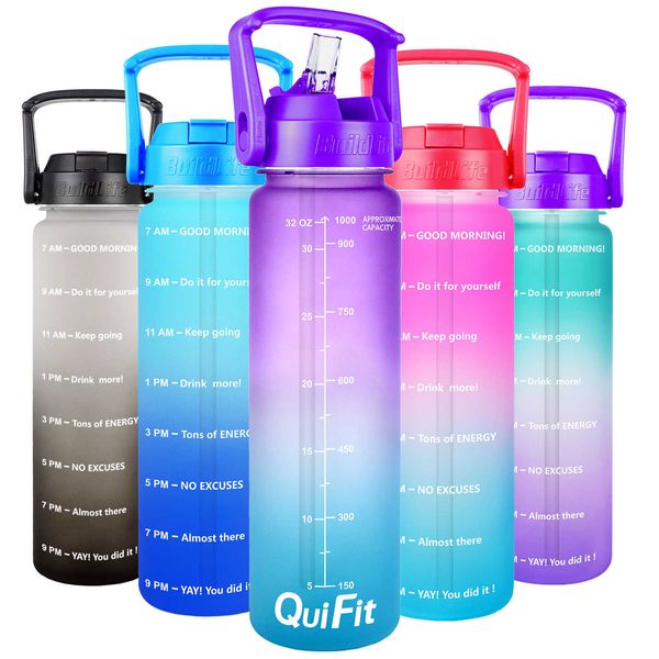Quifit 1L bouteille d'eau avec paille Tritan BPA Sports sans BPA Camping en plein air Coupe 32OZ bouteilles de boisson large bouche étanche 211013