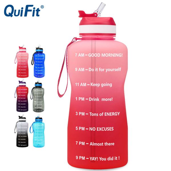 QuiFit 2L 1.3L 450ml Botella de agua Tritan con marcas de tiempo de paja BPA Free Portable Protein Shaker Sports GYM Jarra para beber 211013