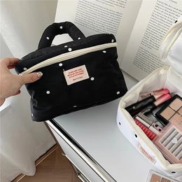 Organizador de artículos de tocador de algodón acolchado, lindo bolso de maquillaje con cremallera y asa superior para salir a trabajar y hacer negocios para mujeres y niñas 240122