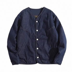 Forro acolchado Estilo japonés Hombres con cuello en v Chaqueta de mezclilla de un solo pecho Retro para hombre Chaquetas de mezclilla azul Amekaji 31Xd #