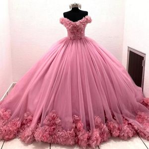 Membrillo Vestidos de 15 Aos Pink Quinceanera Vestidos con Apliques Floral Volumen Girls XV Brithday Wear