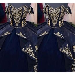 Quinceanera 2024 avec robes Gold Navy Blue Brodemery Off the Spaucs Corset Back Perged Custom Sweet 15 16 Princess Pageant Ball Verstidos
