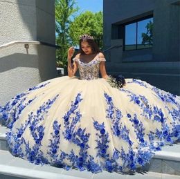 Quinceanera Ball 2024 Jurk Jurken Spaghetti riemen uit schouder Royal Blue Lace Appliques 3D Bloembloemen Crystal kralen vloer lengte plus size prom avond