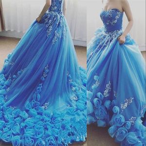 Quinceanera balle bleu robes robes chérie rose fleurs appliques blanc appliques sweet 16 tulle corset arrière fête de soirée