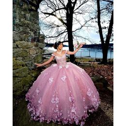 Quinceanera Robe de bal robes princesse rose 3d fleurs appliques perles sweet 16 robes vestides de vestidos de 15 anos lace-up 322