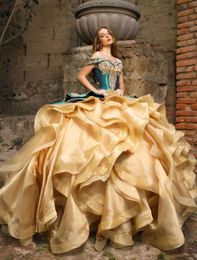 Quinceanera Detachable Charro Teal Dresses Gold Vintage en Organza Train Shiny Parreny Lace Applique Off Shoulder Lace -Up Plus 15 Girls Prom Party Jurken -Up