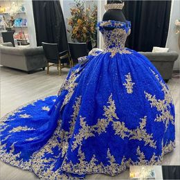 Robes de Quinceanera 2024 Robes brillantes bleues pour doux 15 ans Y Off The Shoder Puffy robe de bal dentelle appliques perles princesse Drop Deli Otu0N